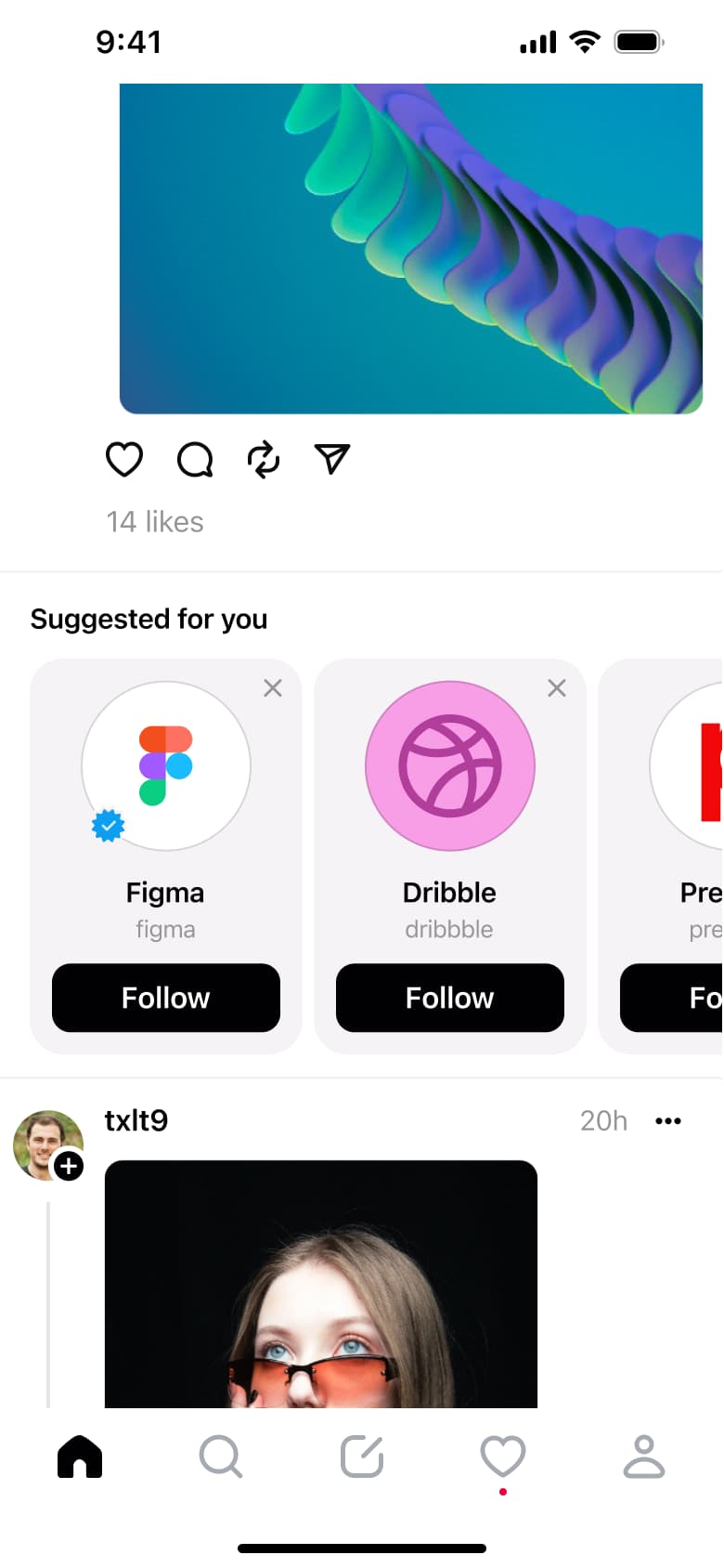 Feed with suggested for you carousel and follow buttons.