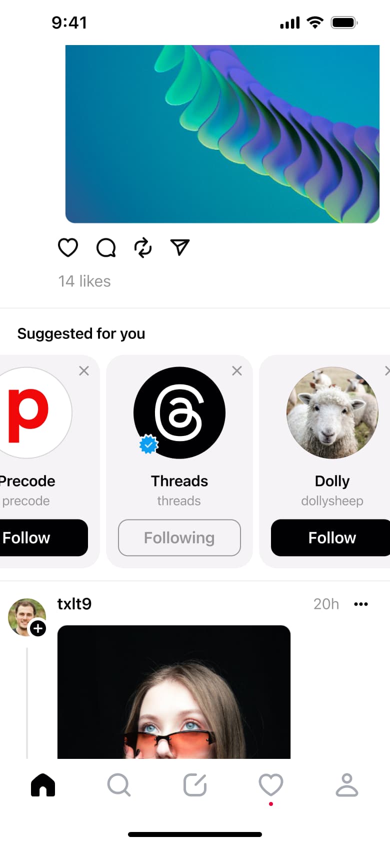 Suggested for you with one account followed.