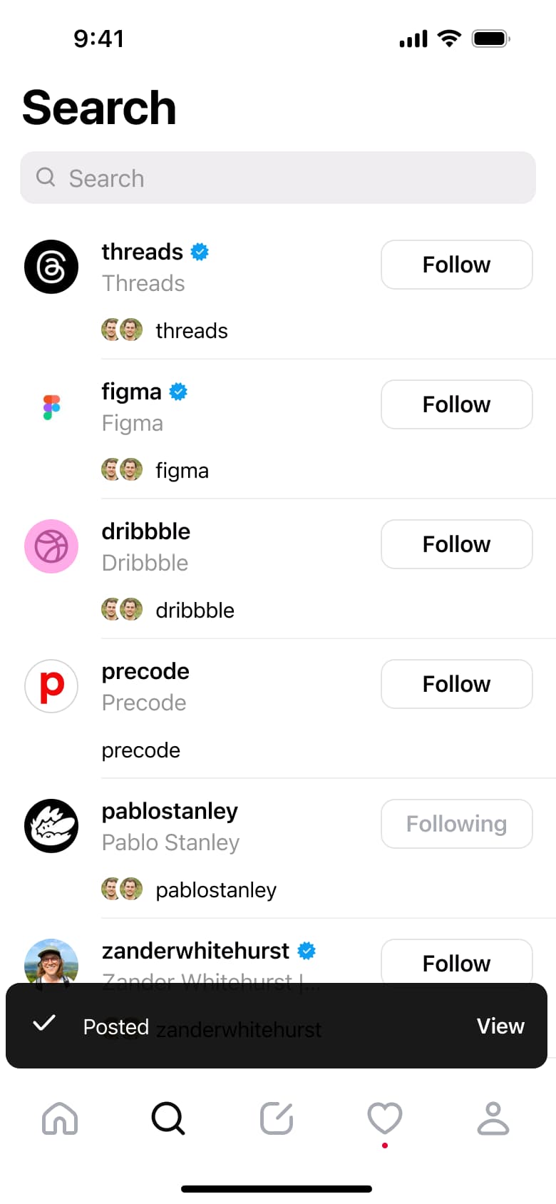 Search tab with posted toast.