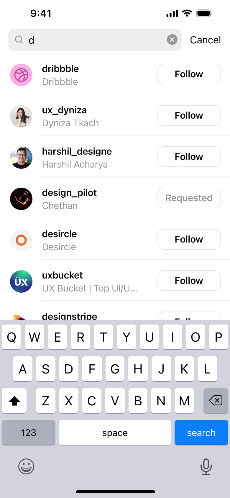 Search results for a letter: accounts with follow buttons.