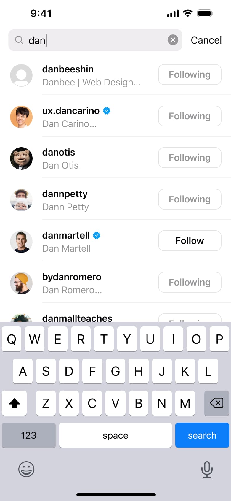 Search results for a typed name.