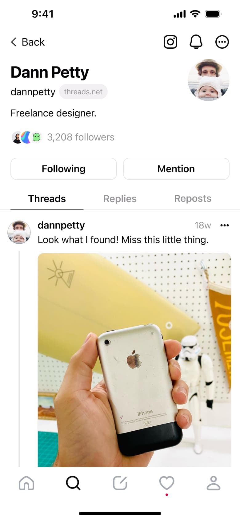 User profile with a photo thread.