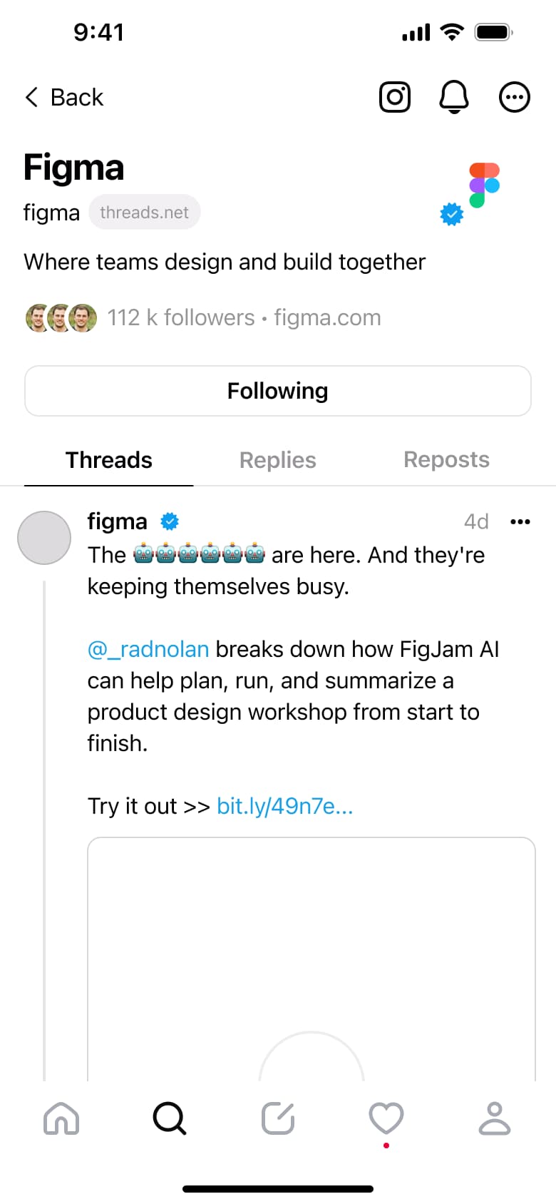 Brand profile: bio, followers, following, mention and threads tab.