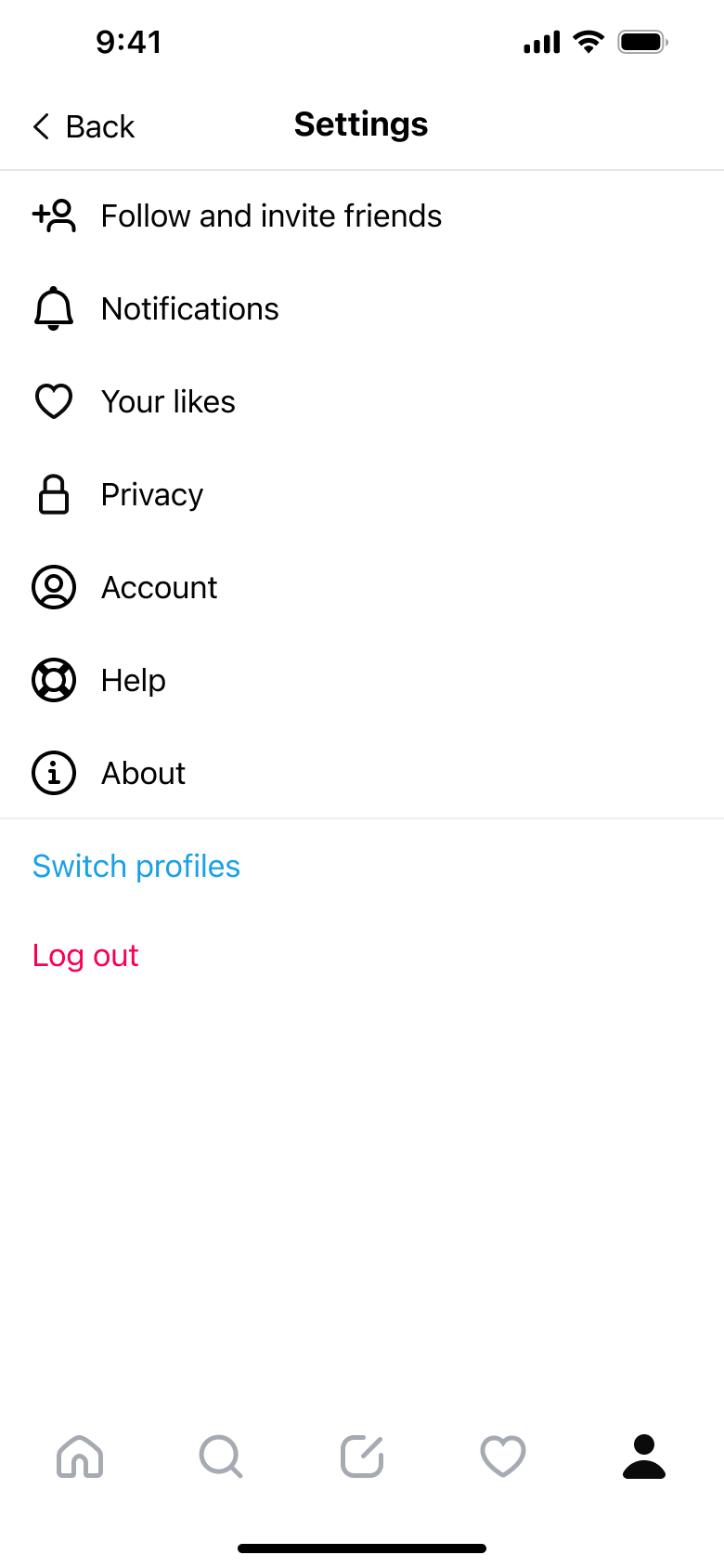 Settings: follow and invite, notifications, your likes, privacy, account, help, about, log out.