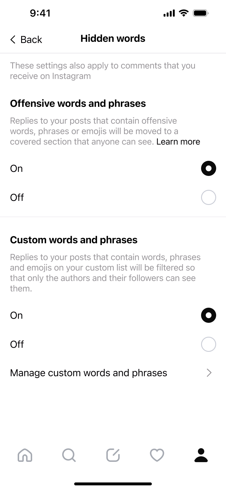 Hidden words: offensive and custom word filters.
