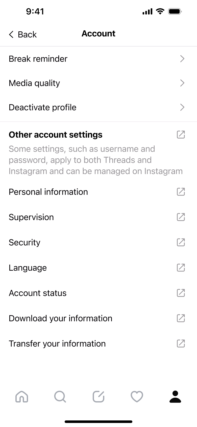 Account: break reminder, media quality, deactivate, personal info, security and data.