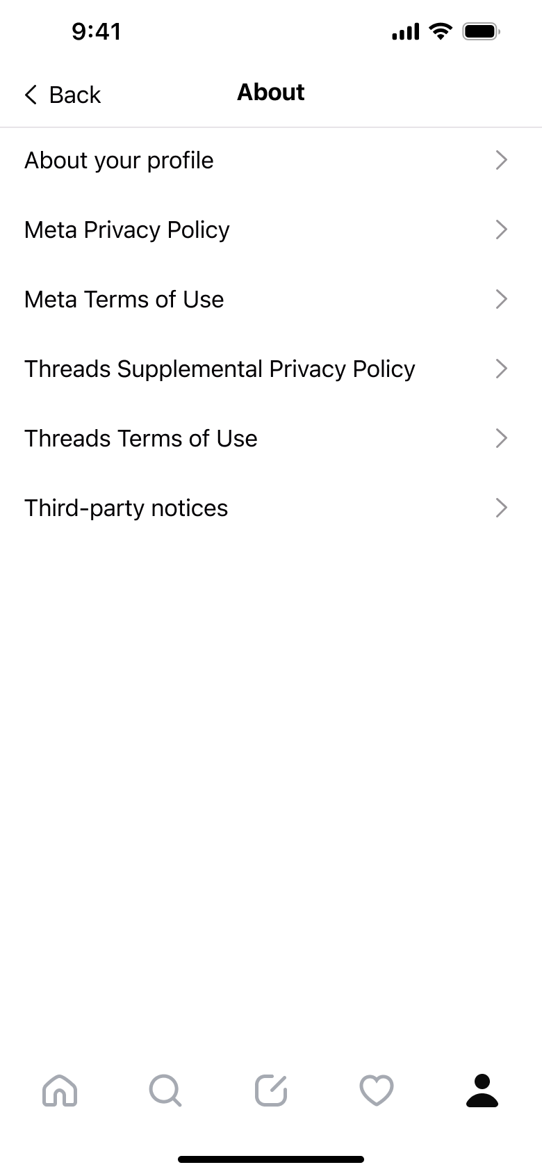 About: profile, privacy policy, terms and third-party notices.