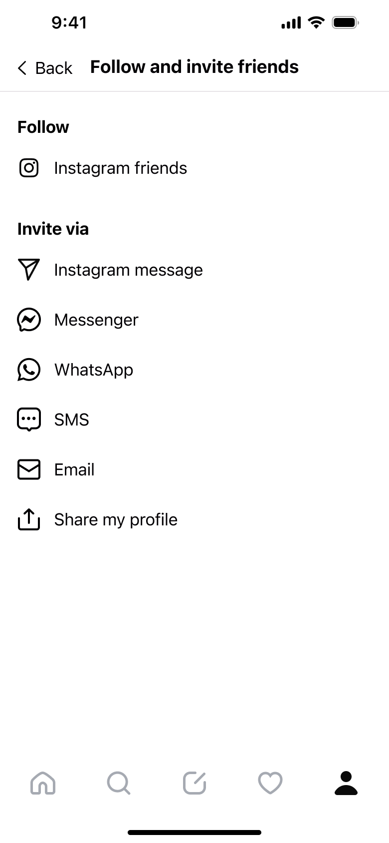 Follow and invite friends: share options.