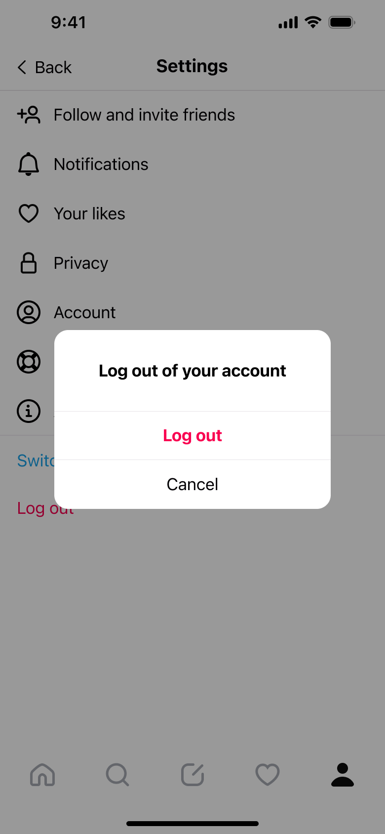 Log out of your account dialog.