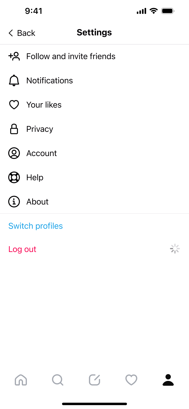 Settings with switch profiles and log out.