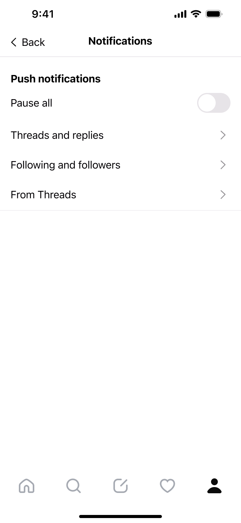 Notifications: pause all, threads and replies, following and followers.