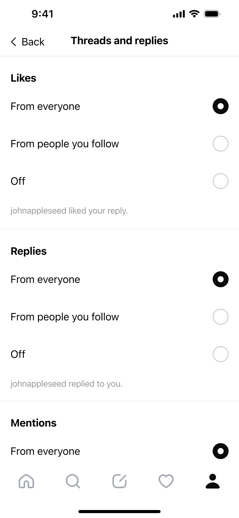 Threads and replies notifications: likes, replies and mentions options.