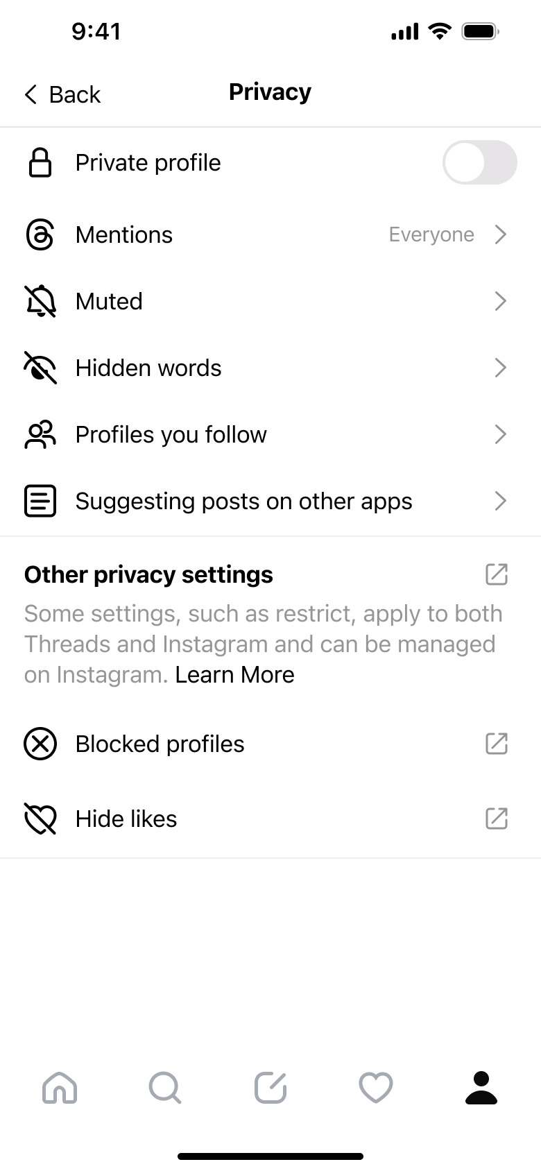 Privacy: private profile, mentions, muted, hidden words, blocked and hide likes.
