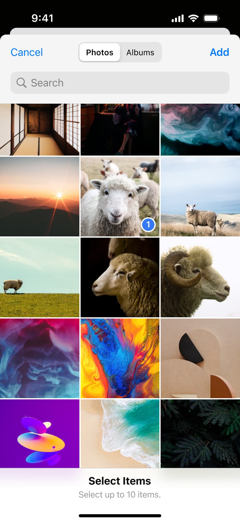 Photo picker: photos and albums with one selected.