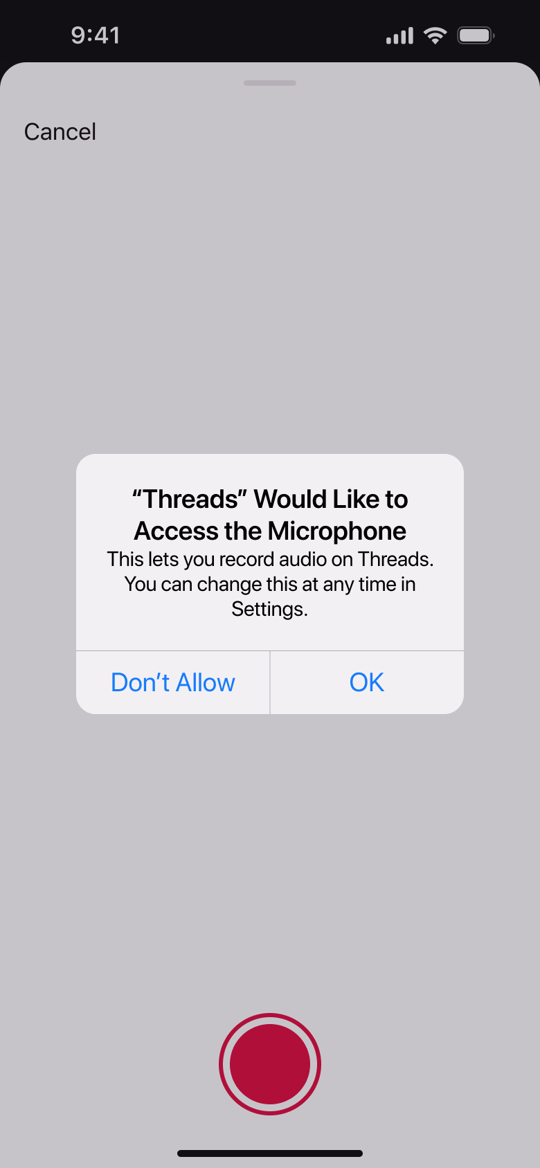 Microphone access alert over the voice recorder.