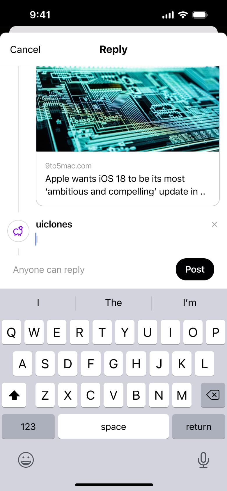 Reply composer with text field and post.