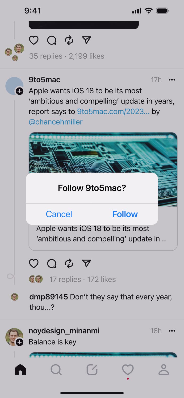 Follow account dialog from the feed.