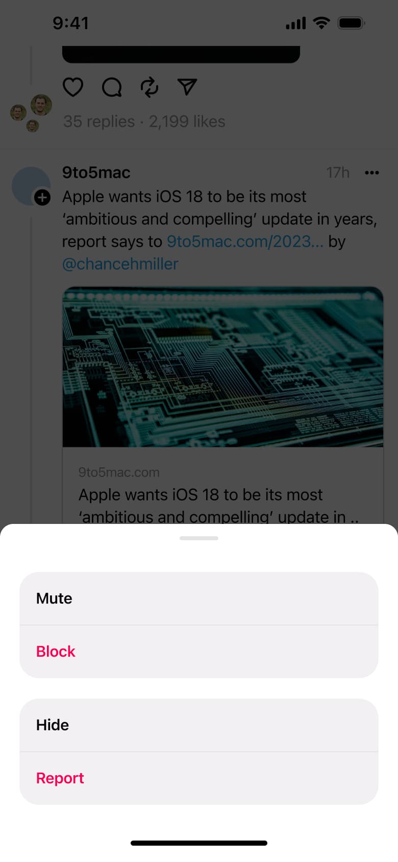 Post actions sheet: mute, block, hide and report.