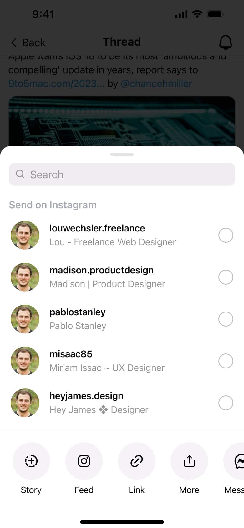 Share sheet: send to contacts and share options.