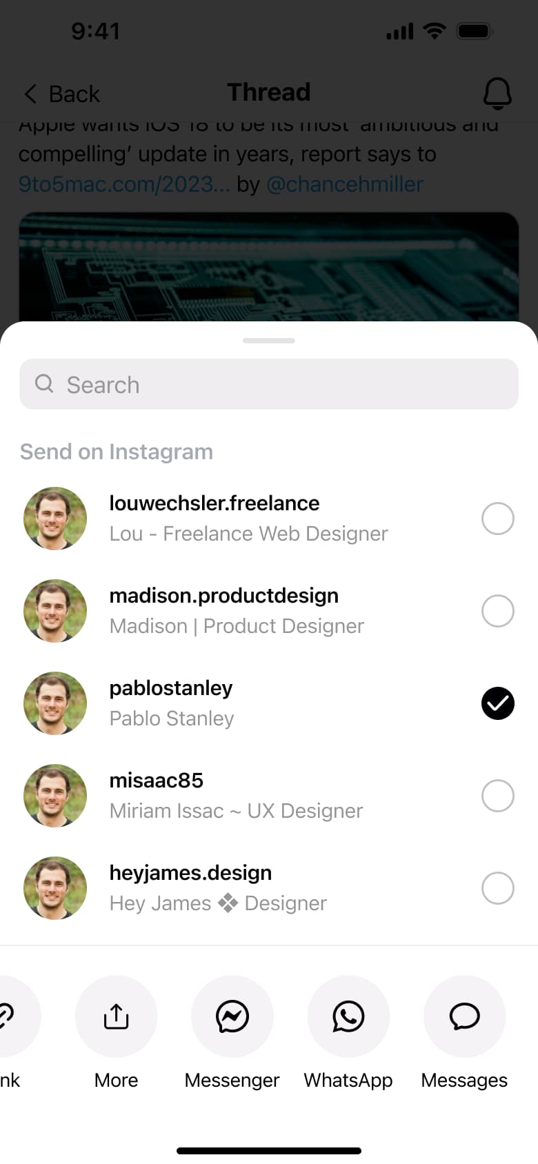 Share sheet with a contact selected.