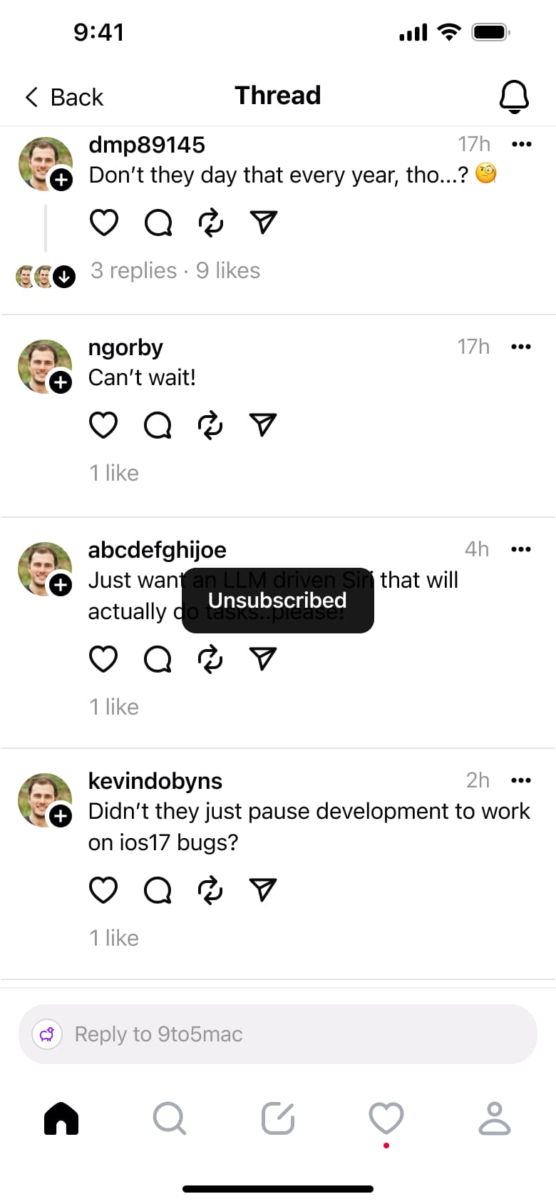 Unsubscribed toast on thread.