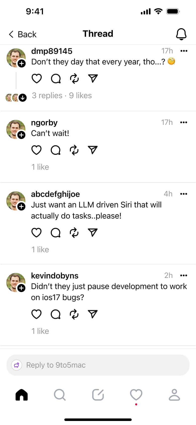 Thread replies list with nested counts.