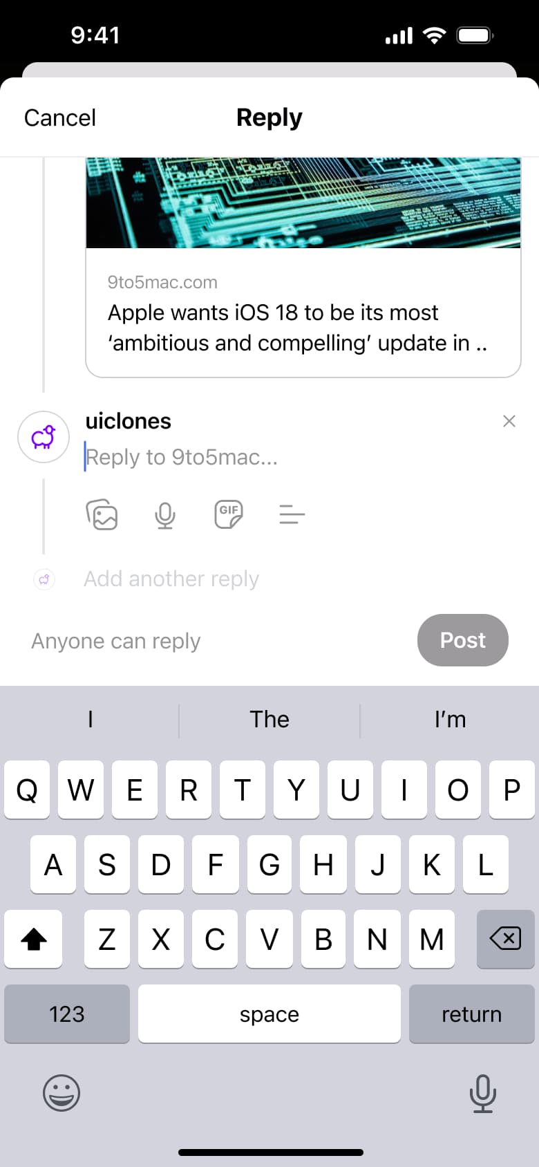 Reply composer with quoted post, attachment icons and keyboard.