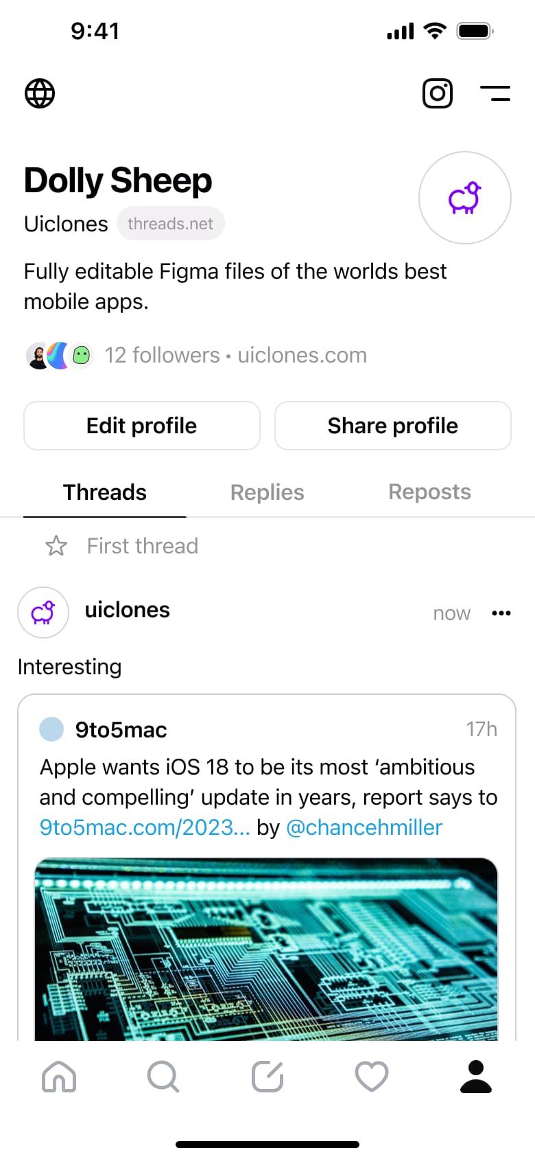 Your profile: bio, followers, edit and share profile, threads tab.
