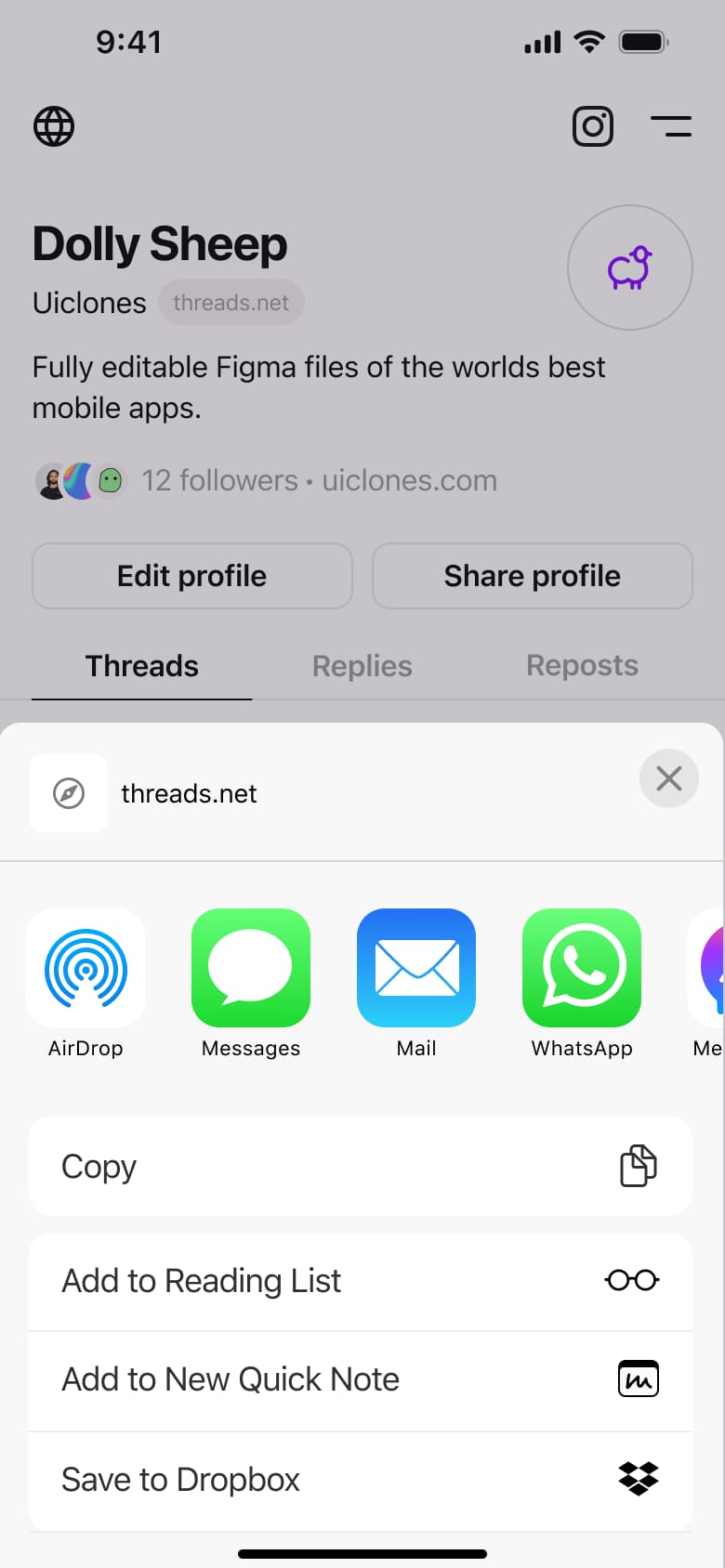 Share profile sheet.