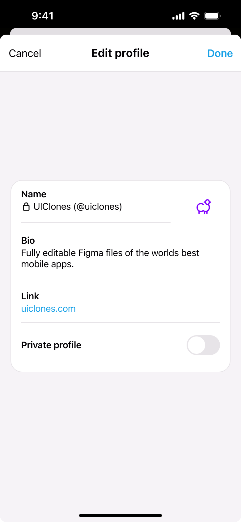 Edit profile: name, bio, link and private profile toggle.