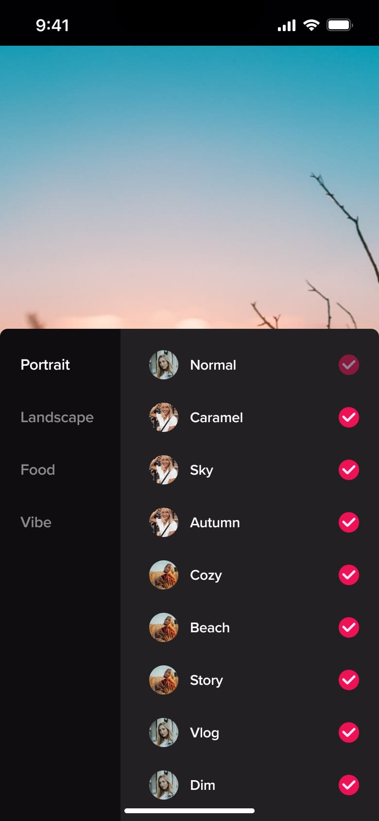 Manage filters panel: categories and filter list with tick toggles.