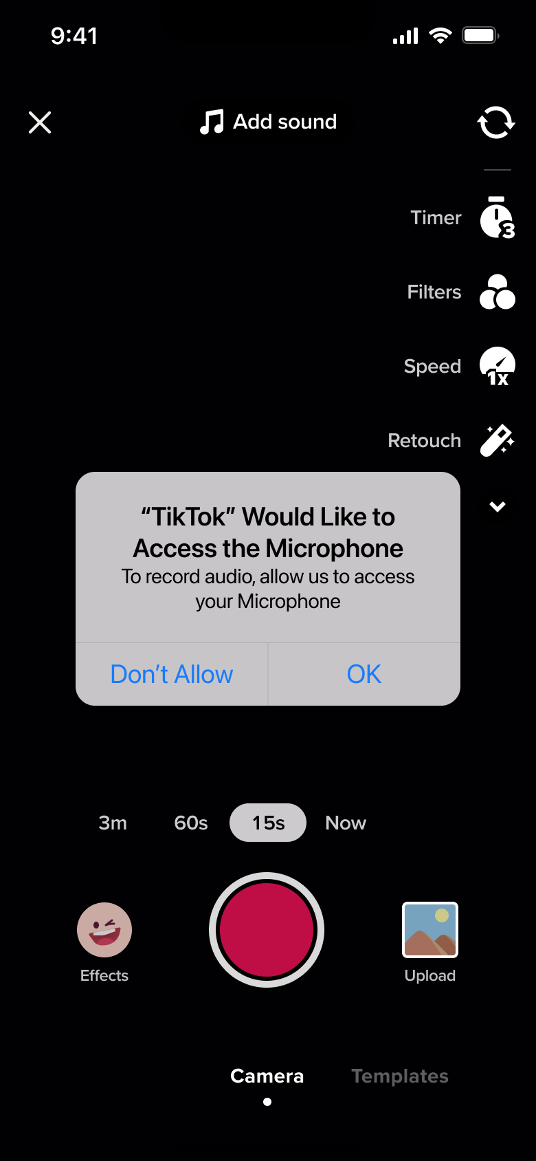 Microphone access system alert on the record screen.