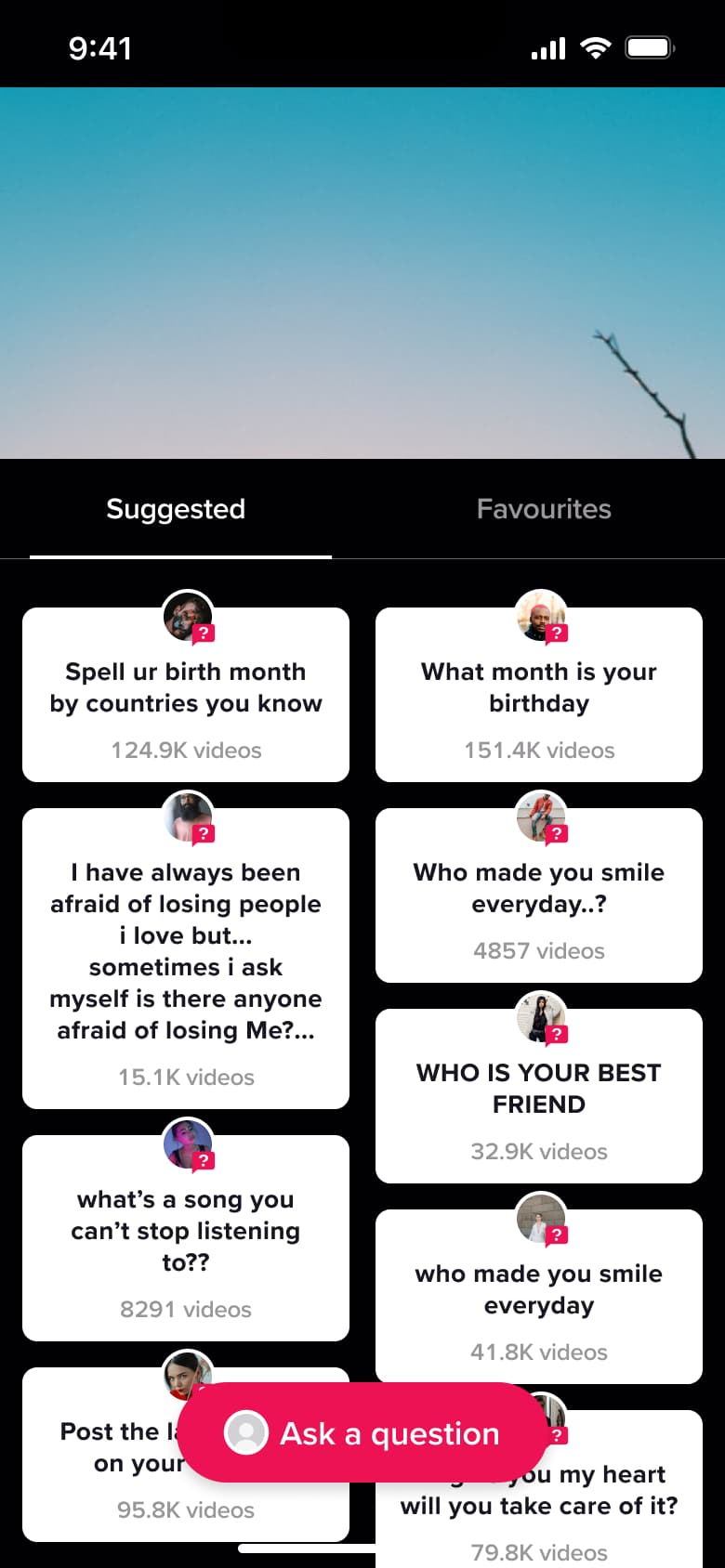 Suggested question prompt cards with ask a question button.