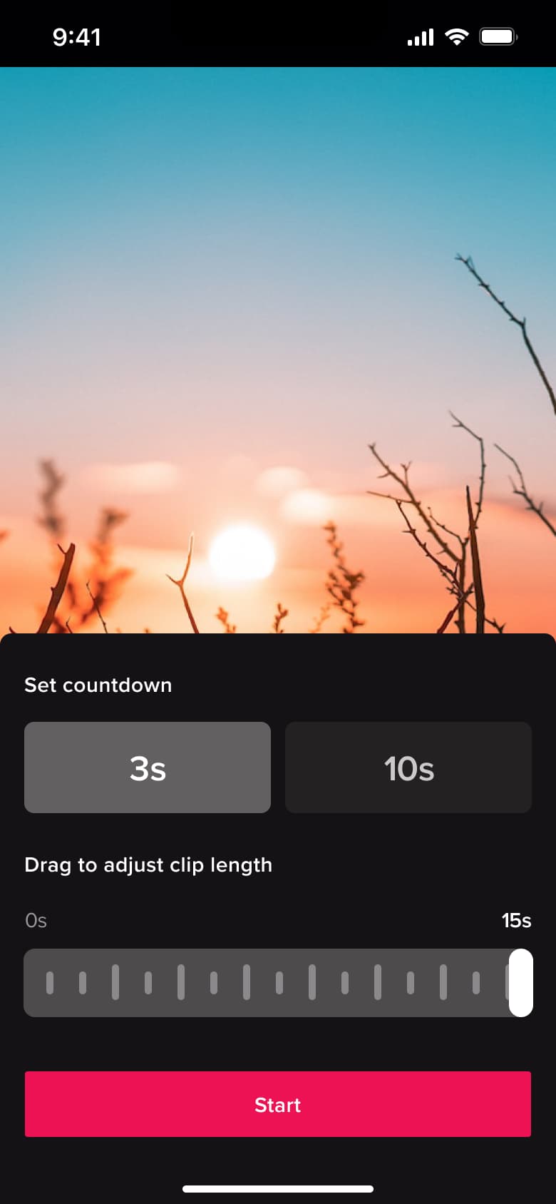 Timer sheet: set countdown and drag to adjust clip length.