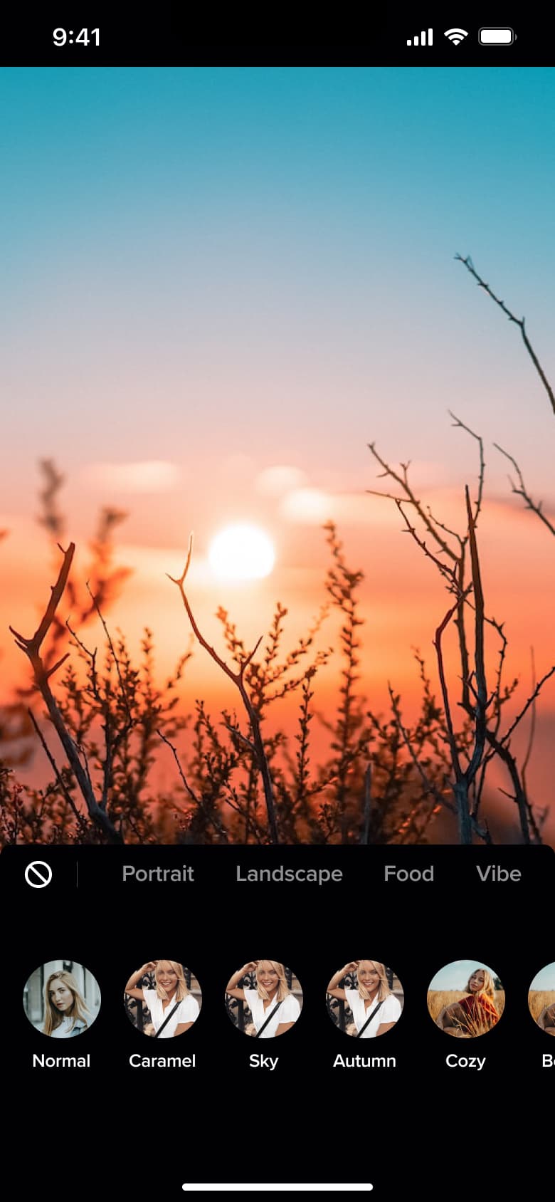 Camera filters strip with categories and filter thumbnails.