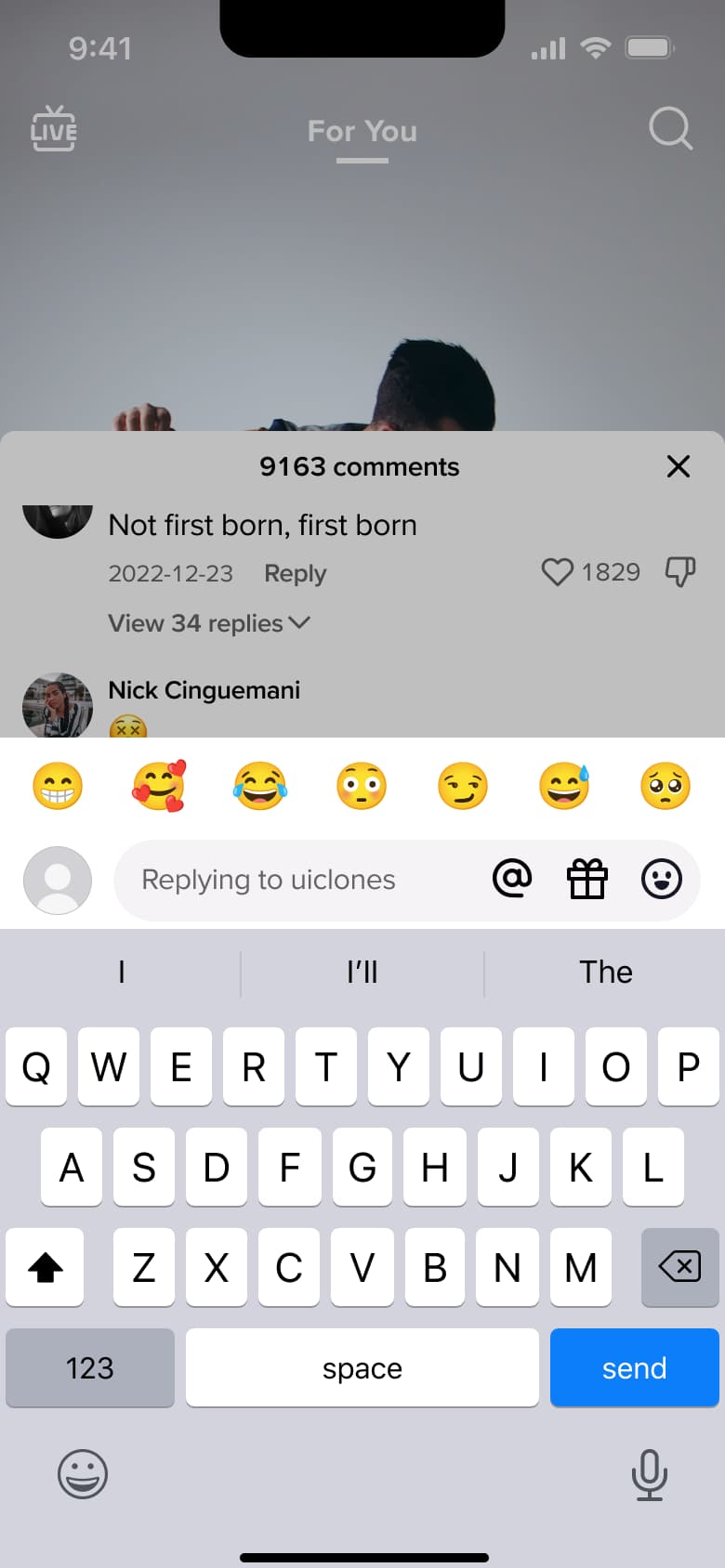 Replying to a comment with emoji bar and keyboard.