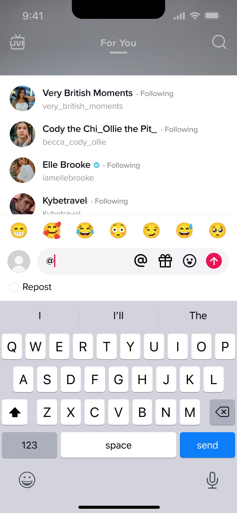 Mention suggestions list while typing a comment.