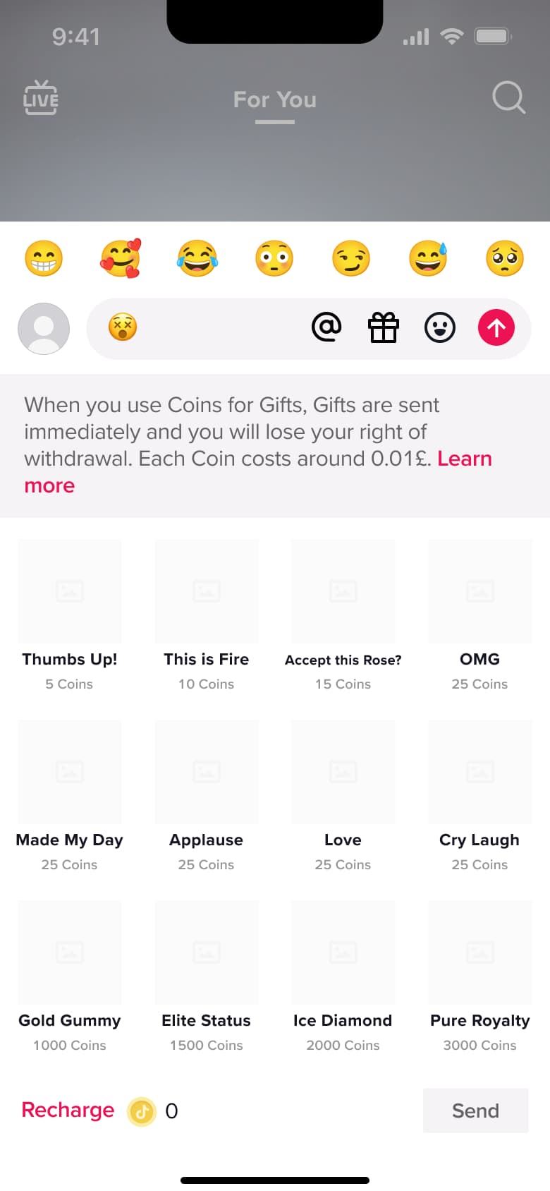 Comment gift panel: coin gifts grid, recharge and send.