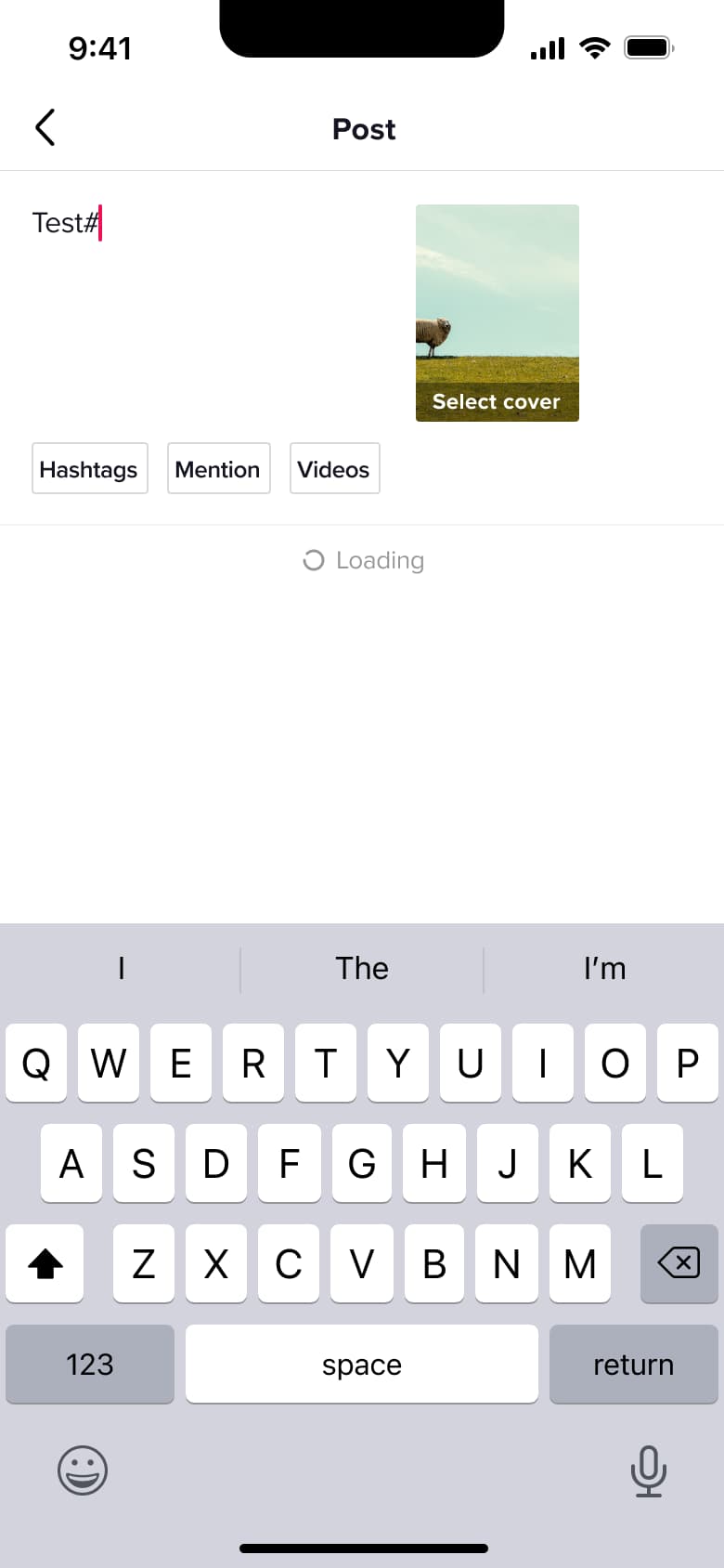 Hashtag suggestions loading after typing a hash sign.