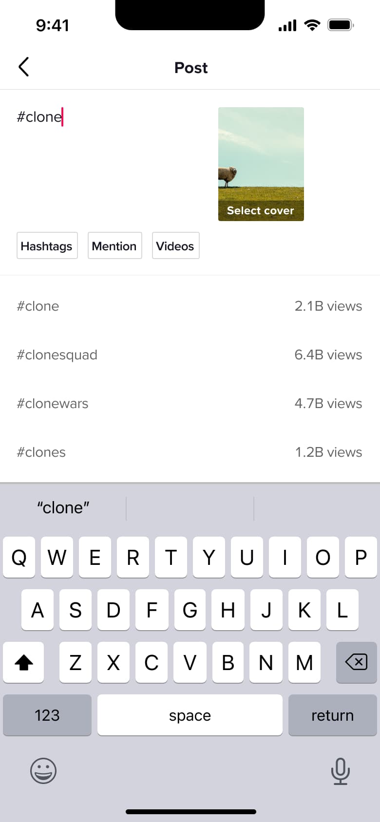 Hashtag suggestions with view counts while typing a caption.