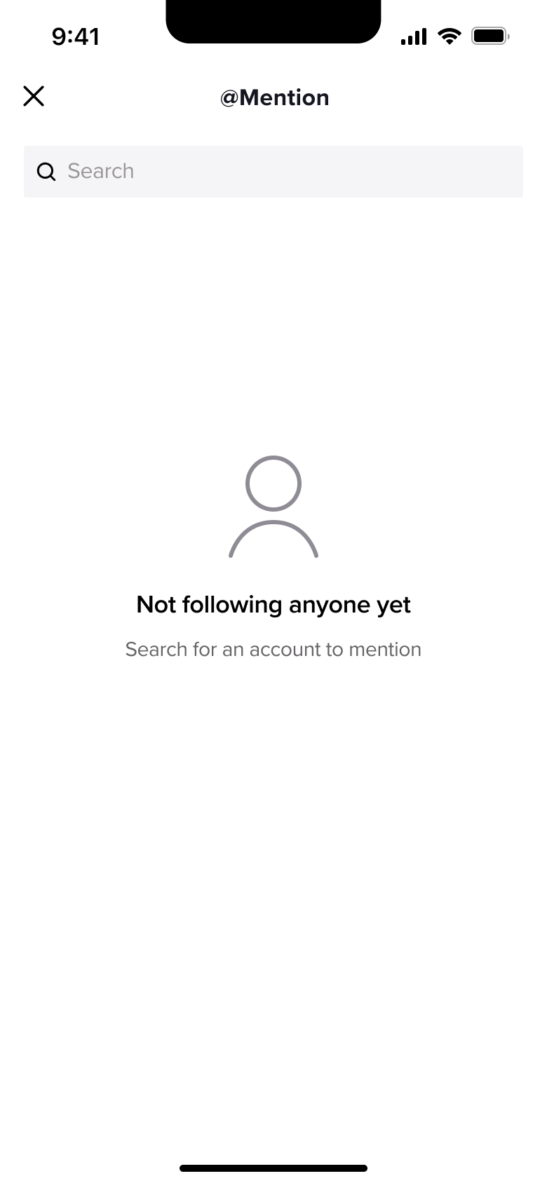 Mention picker: not following anyone yet, search for an account.