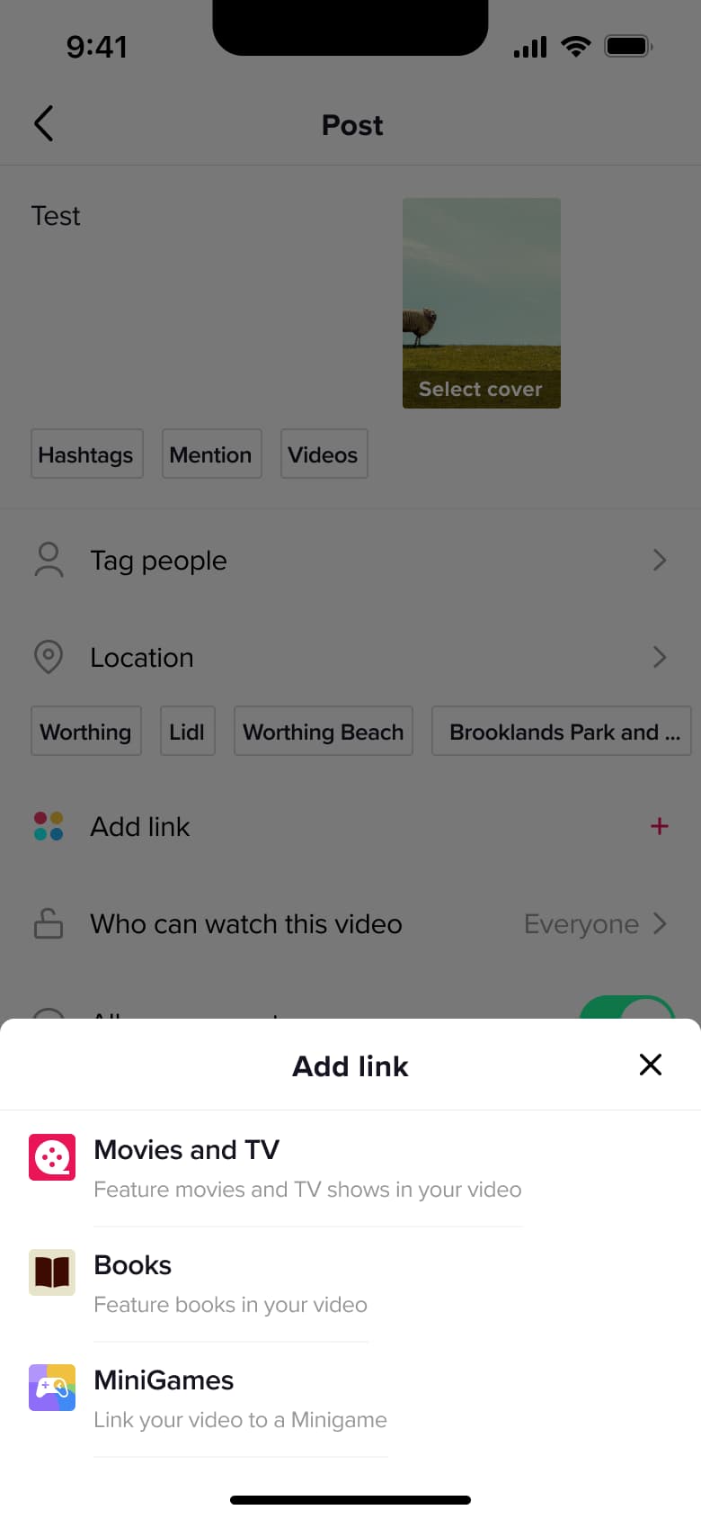 Add link sheet: movies and TV, books and mini games.