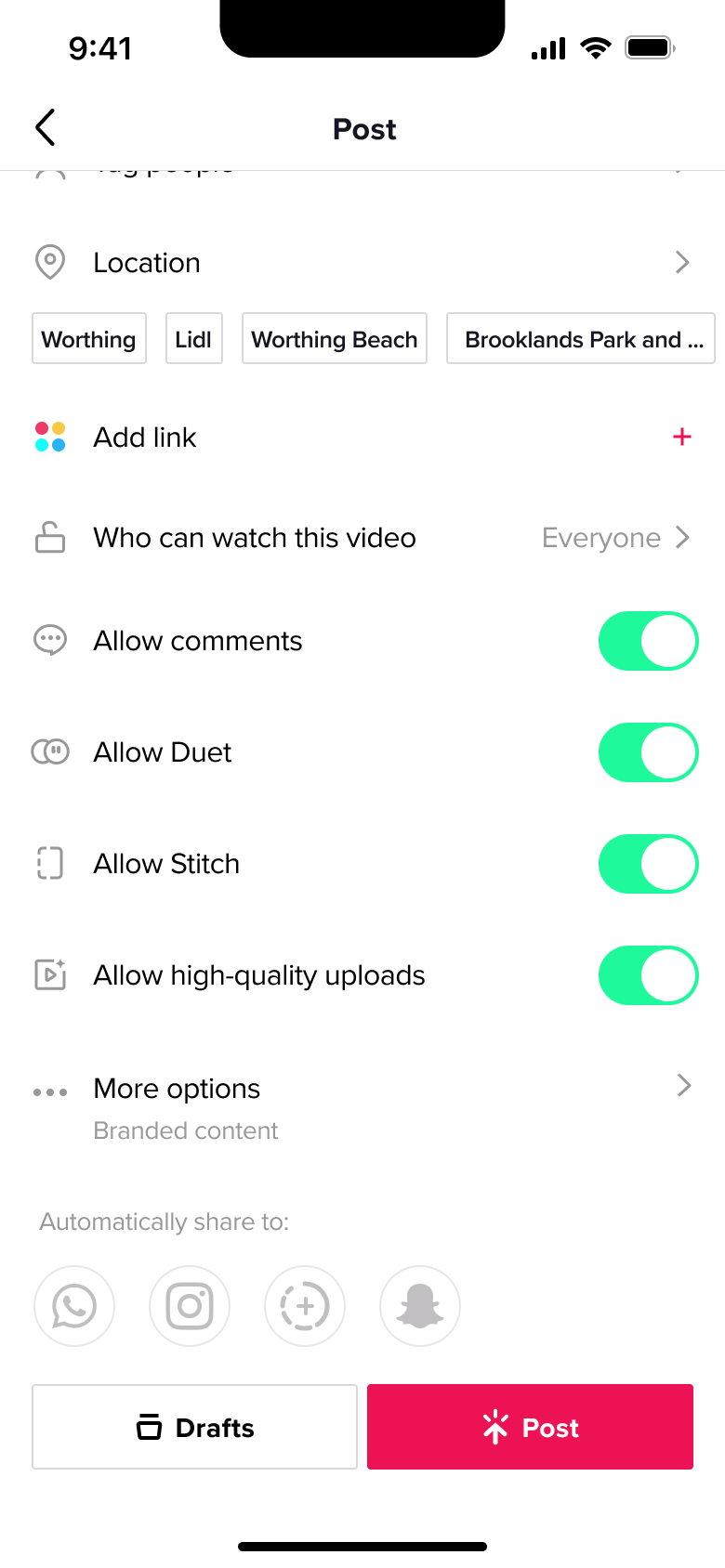 Post composer scrolled: who can watch, comments, duet, stitch and upload quality toggles.