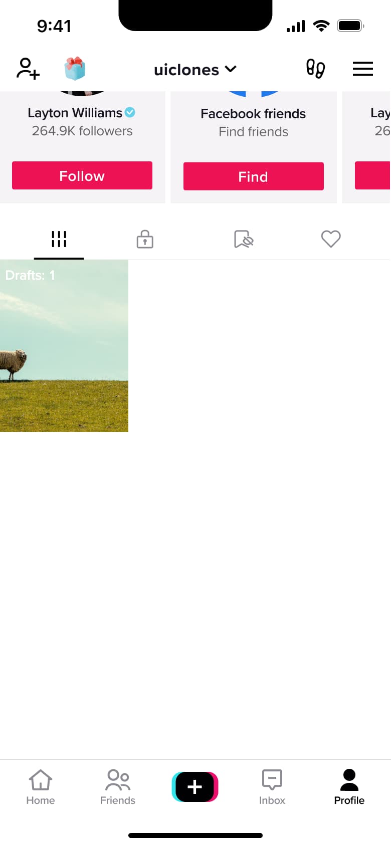 Own profile scrolled to video grid with drafts.
