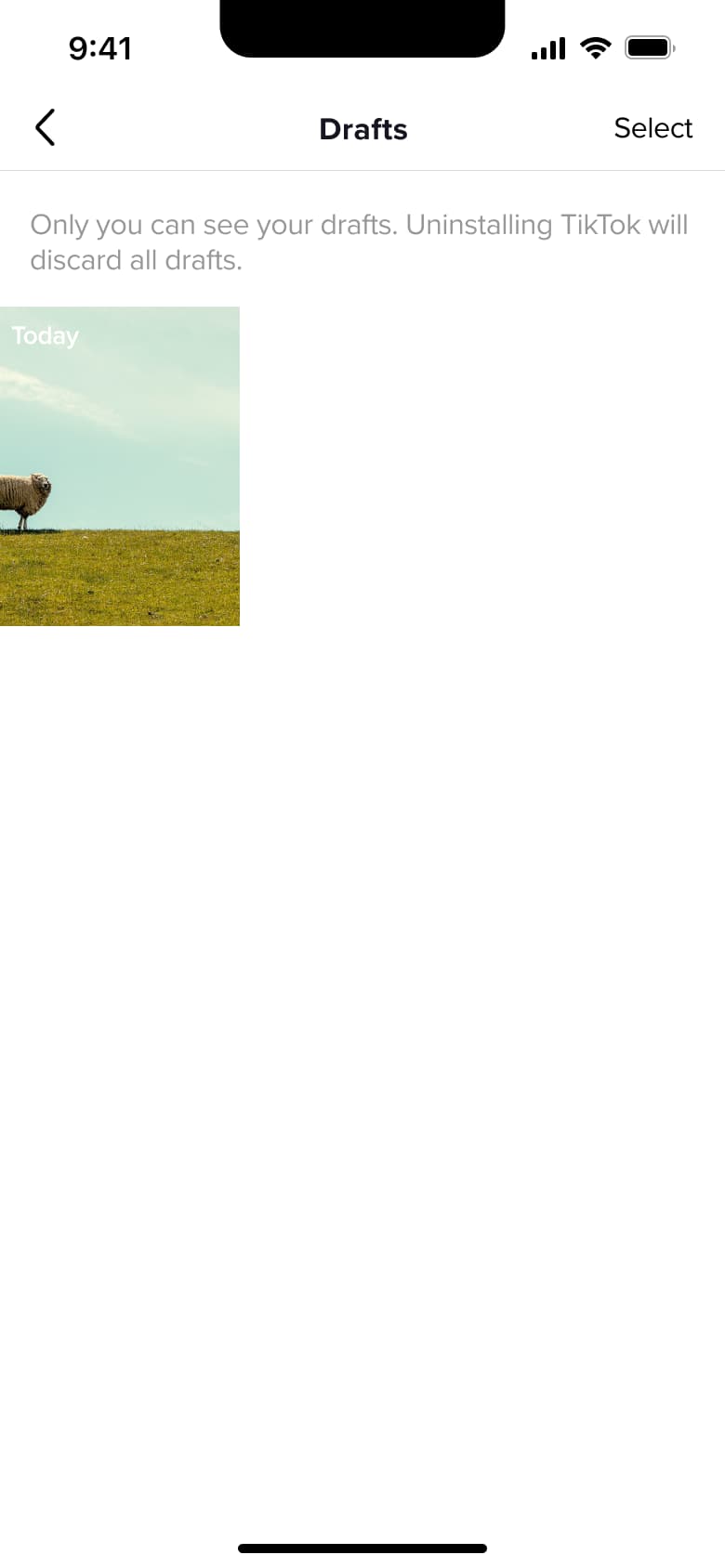Drafts grid with a single draft video and select option.