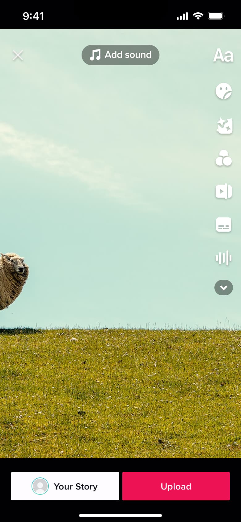 Clip preview with add sound, side editing tools, your story and upload buttons.