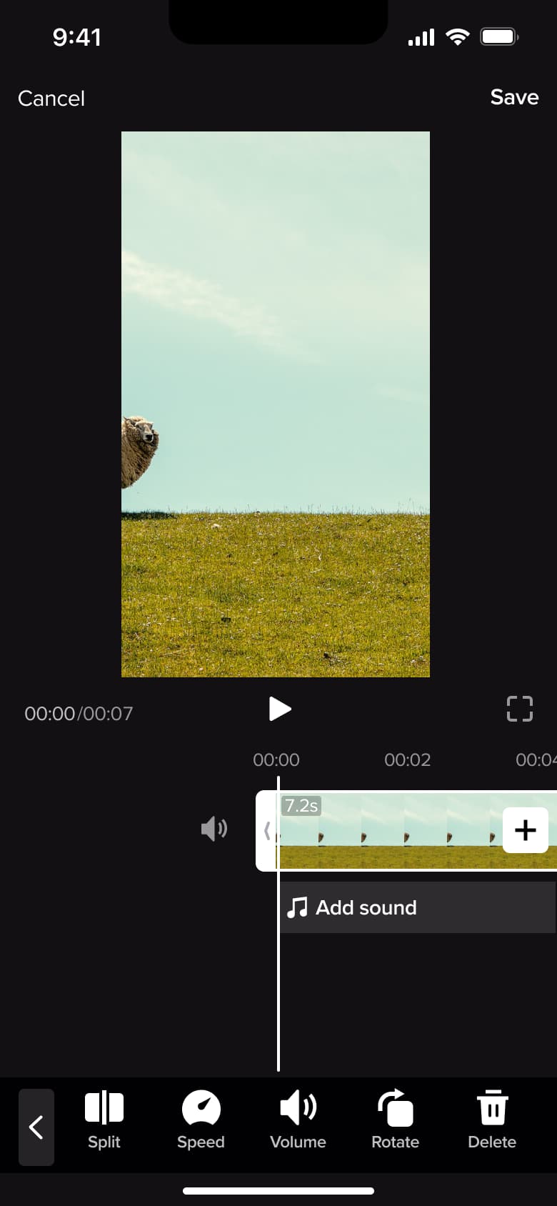 Video editor: preview, playback, clip timeline with add sound and editing toolbar.