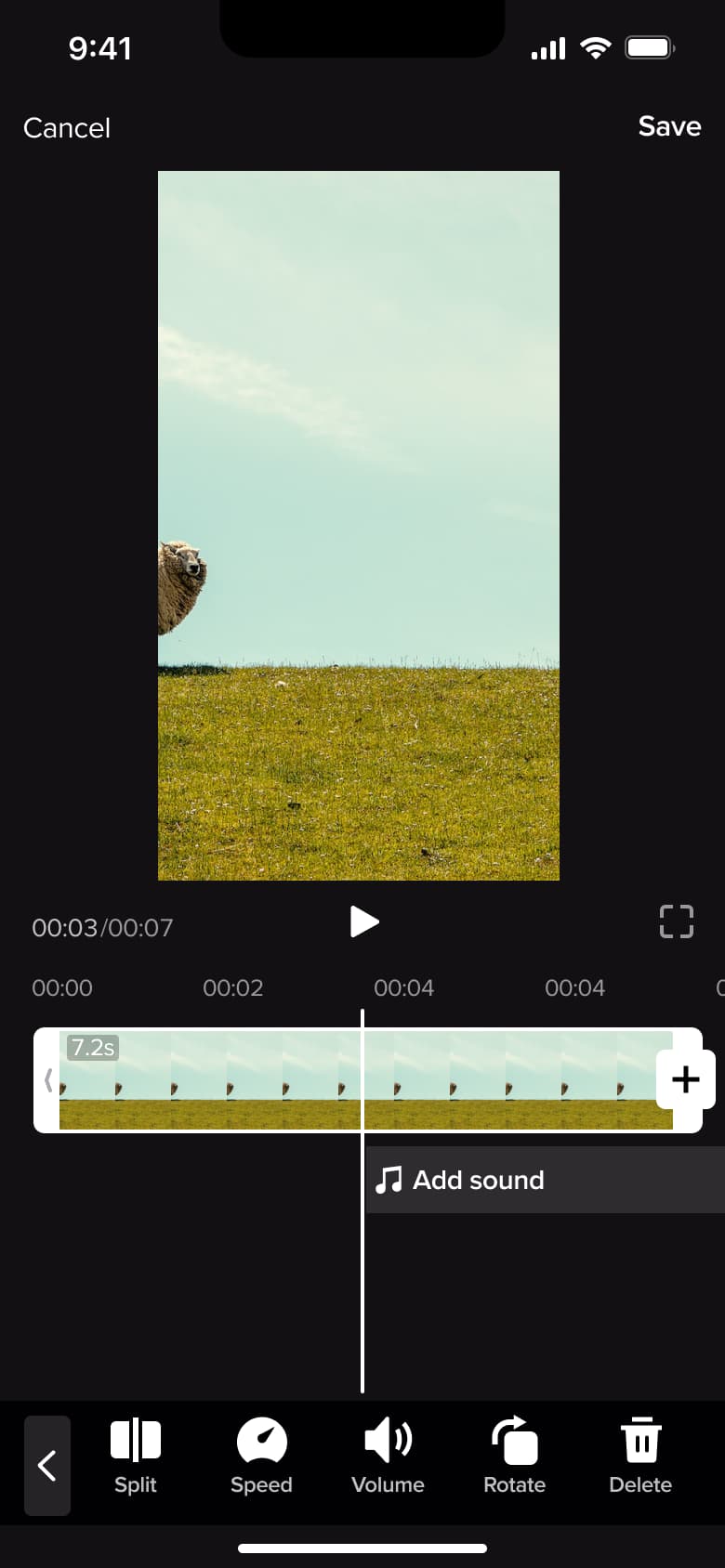 Video editor clip tools: split, speed, volume, rotate and delete.