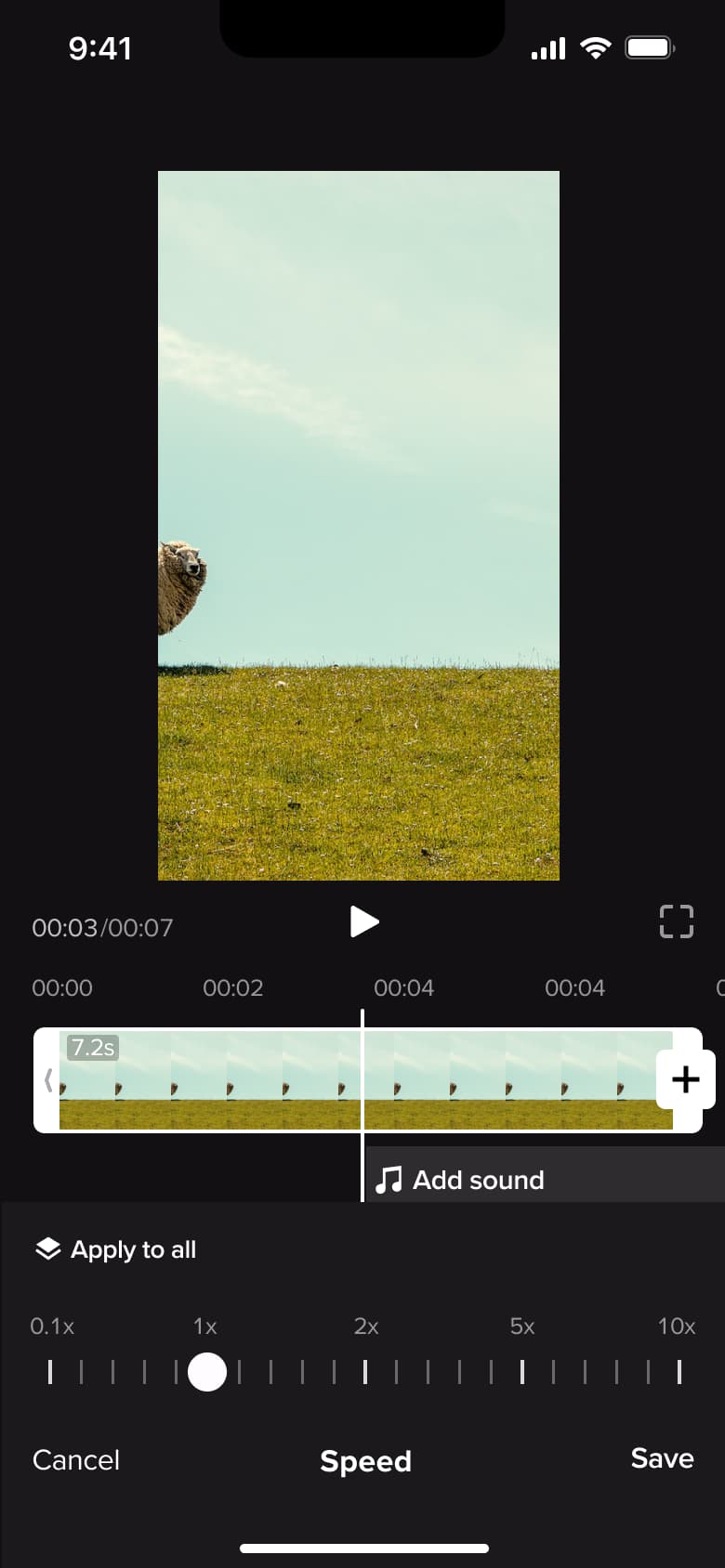 Speed control slider from slow to fast with apply to all.