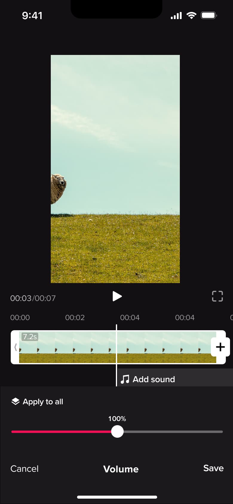 Volume control slider at 100 percent.